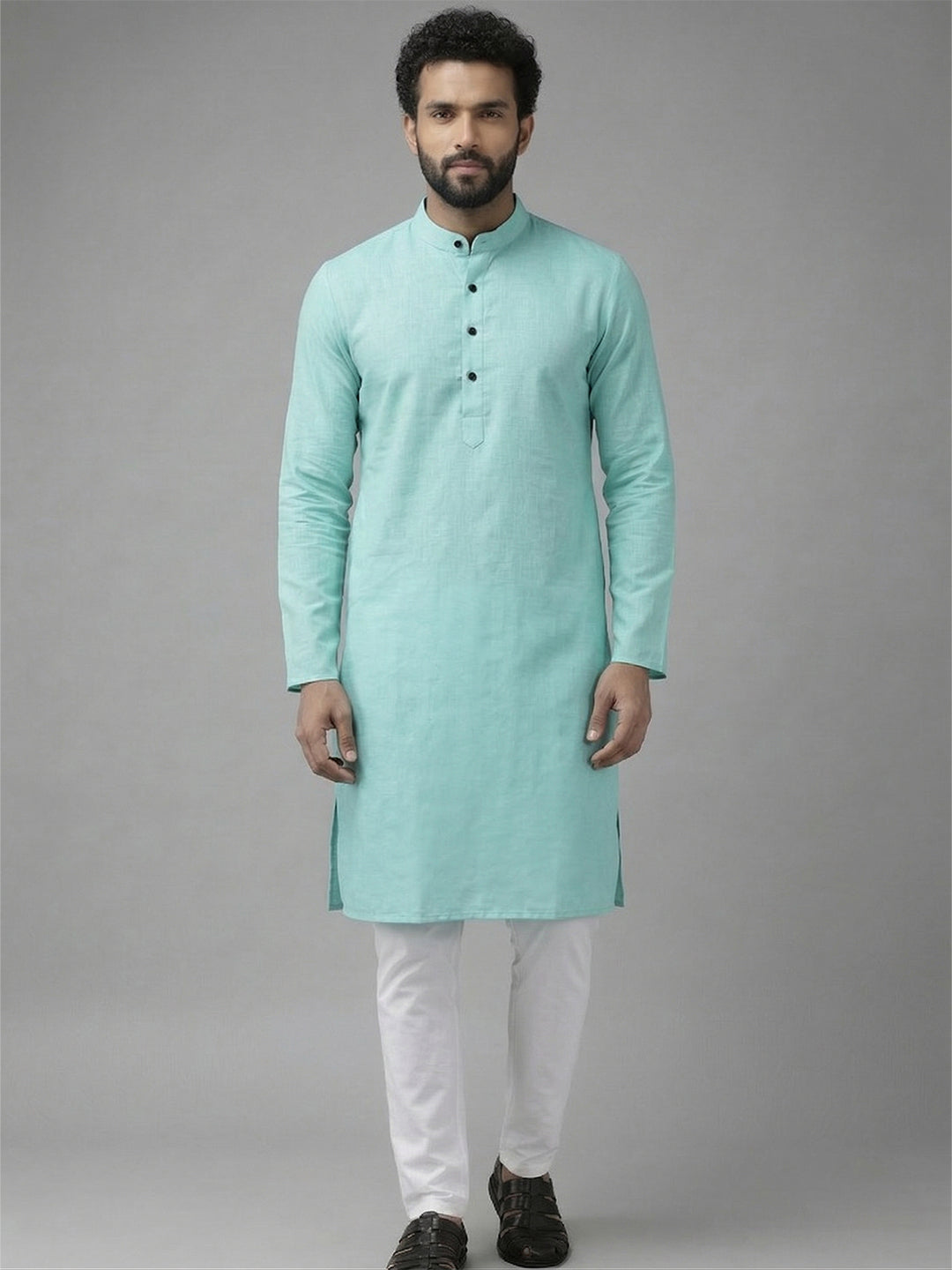 RAY LIGHT Men's Classic Solid Cotton Long Kurta – Dark Green with Dual Side Pockets