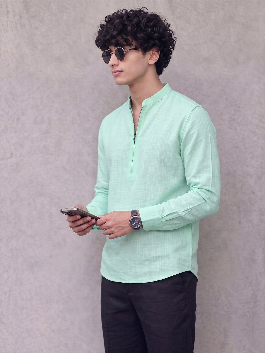 RAY LIGHT Men's Modern Zip-Neck Solid Cotton Short Kurta – Navy Blue
