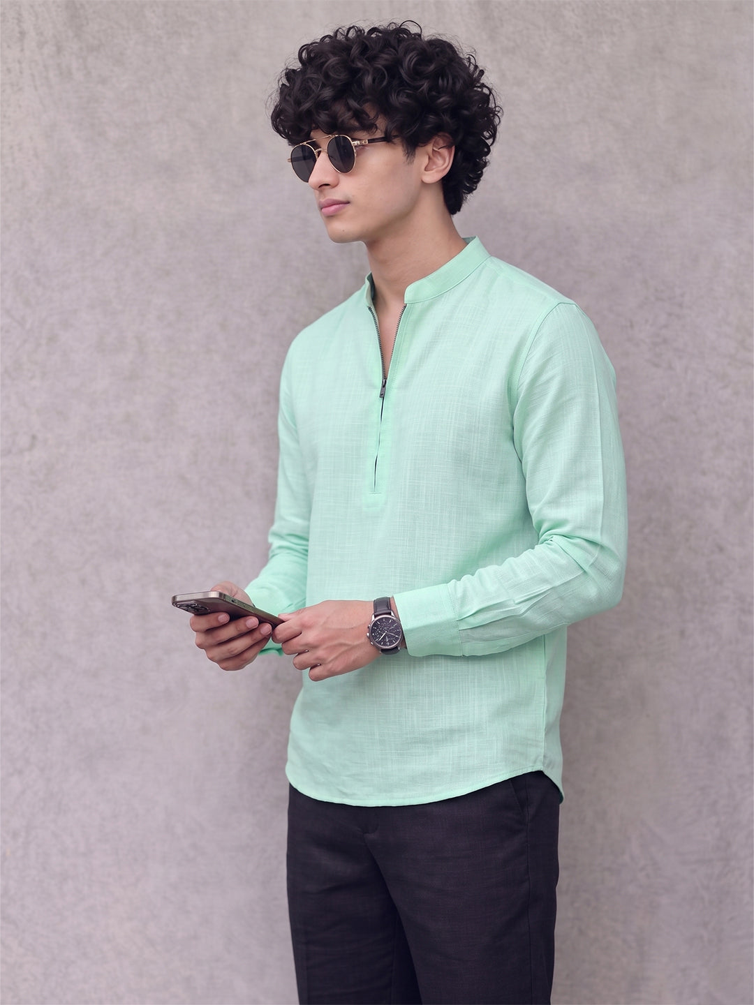 RAY LIGHT Men's Modern Zip-Neck Solid Cotton Short Kurta – Navy Blue