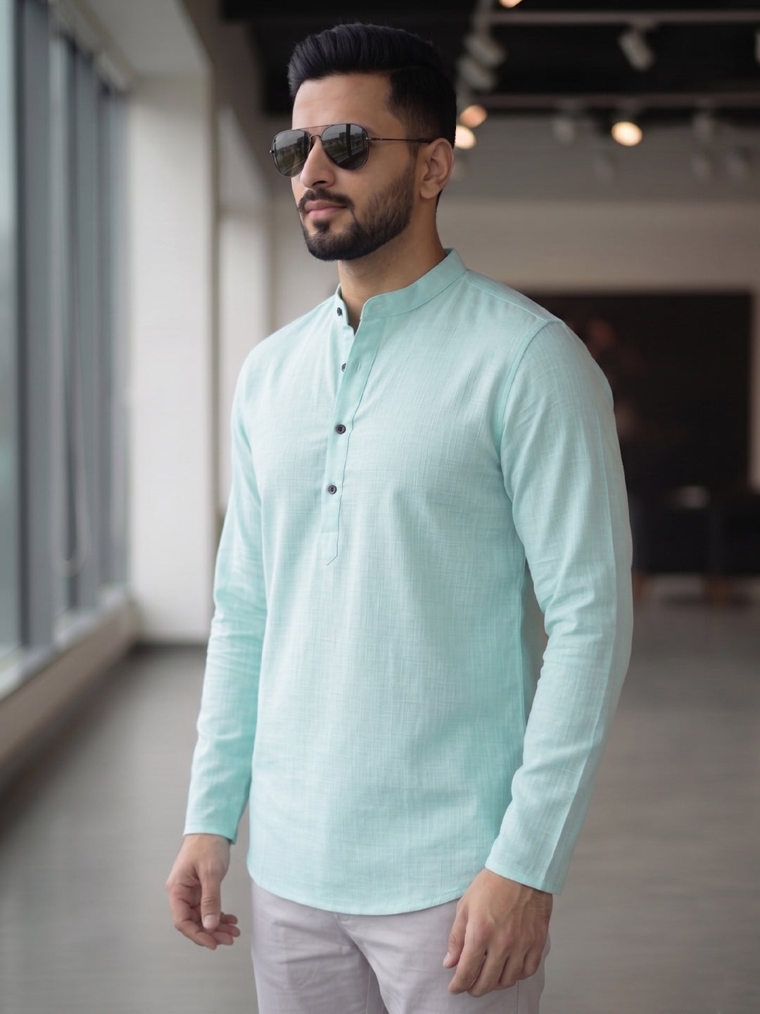 RAY LIGHT Men's Essential Solid Cotton Short Kurta – Soft Peach Orange with Cuffless Sleeves
