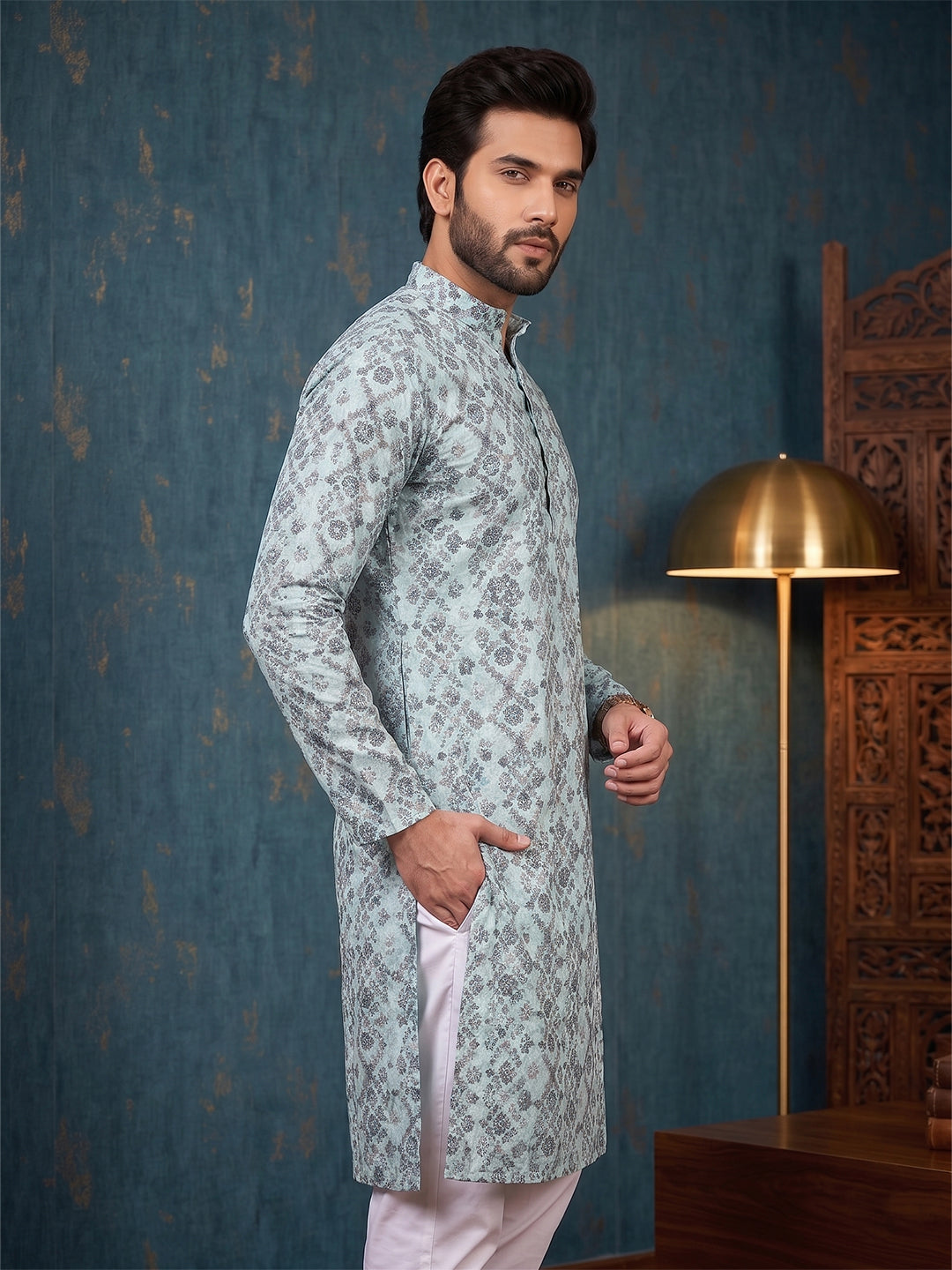 RAY LIGHT Men's Premium Crochet Fabric Geometric Long Kurta – Aqua Mint