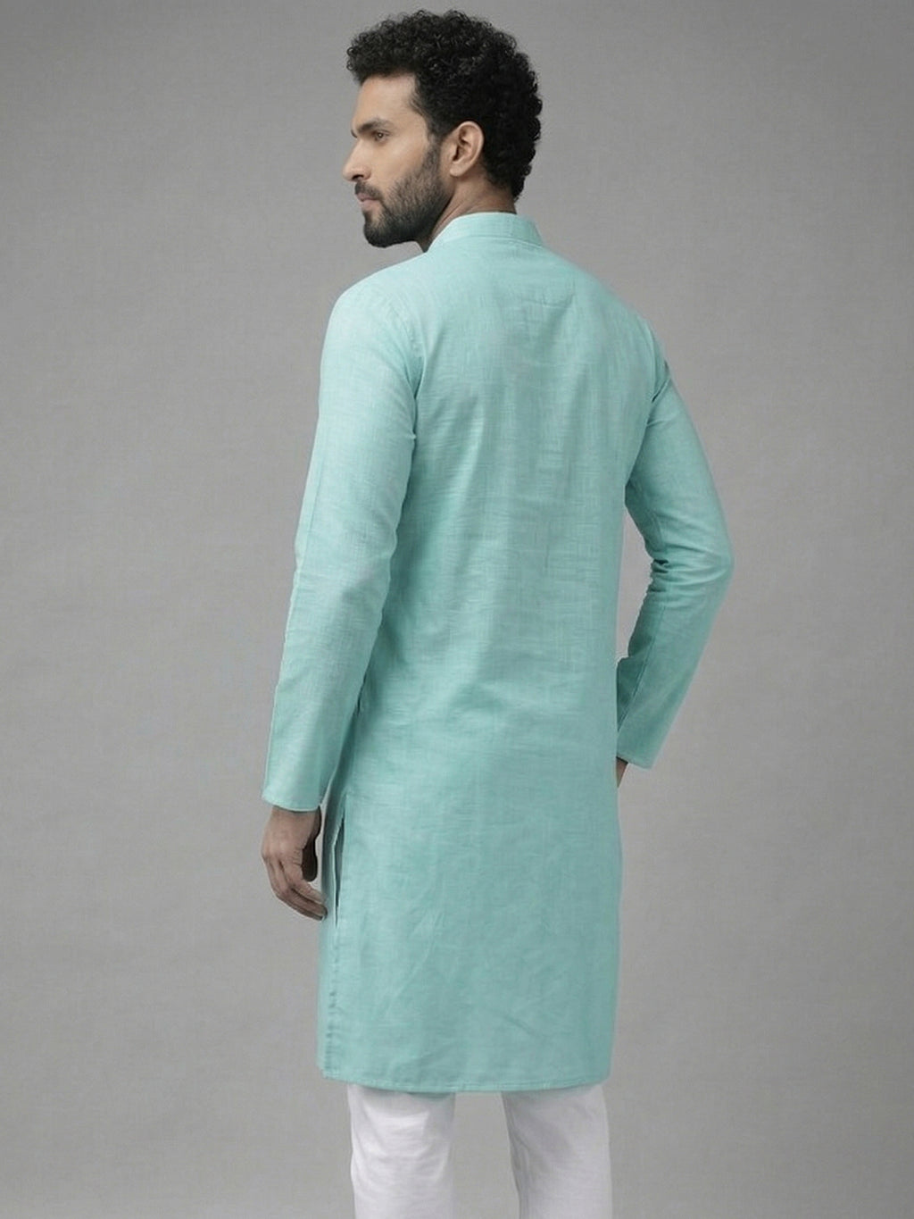 RAY LIGHT Men's Classic Solid Cotton Long Kurta – Dark Green with Dual Side Pockets