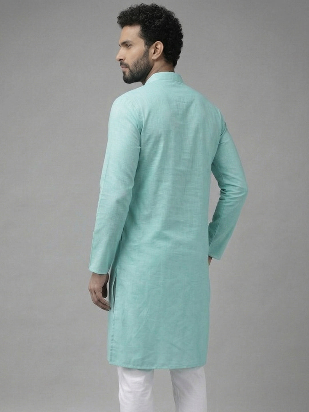 RAY LIGHT Men's Classic Solid Cotton Long Kurta – Dark Green with Dual Side Pockets