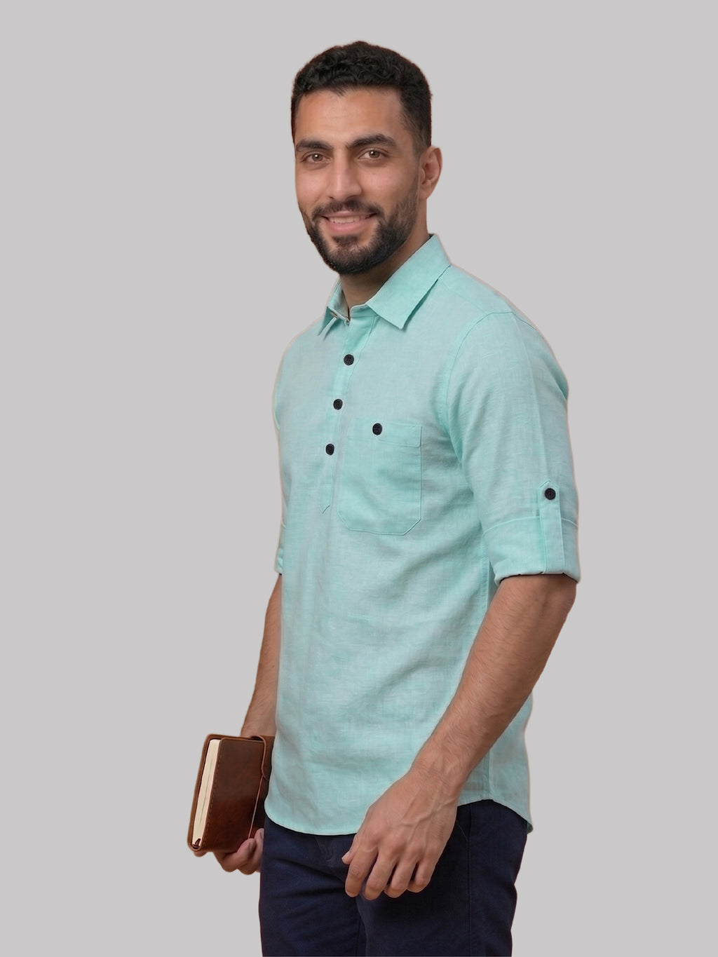 RAY LIGHT Men's Essential Solid Cotton Short Kurta – Mint Green with Roll-Up Sleeves