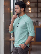 RAY LIGHT Men's Urban Fusion 100% Cotton Solid Short Kurta – Mandarin Collar with Roll-Up Sleeves