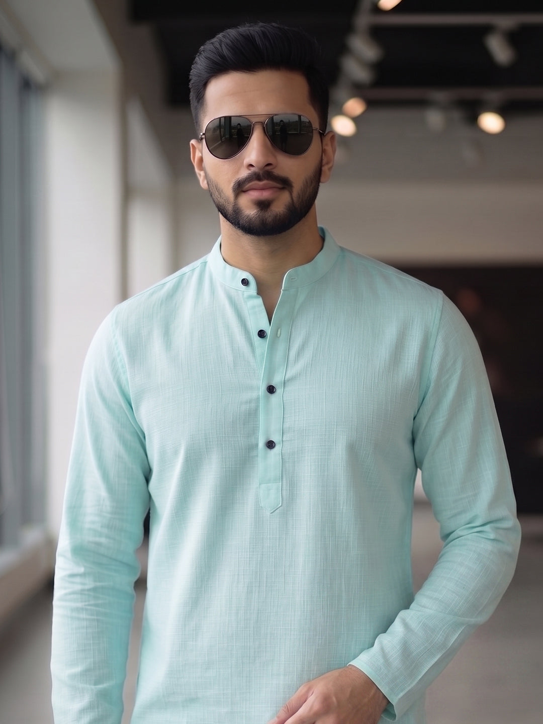 RAY LIGHT Men's Essential Solid Cotton Short Kurta – Soft Peach Orange with Cuffless Sleeves