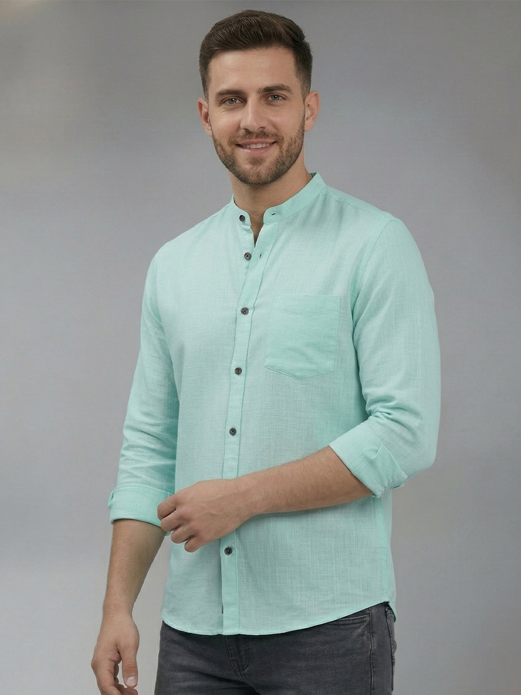 RAY LIGHT Men's Signature Solid Casual Shirt – Chinese Collar with Chest Pocket
