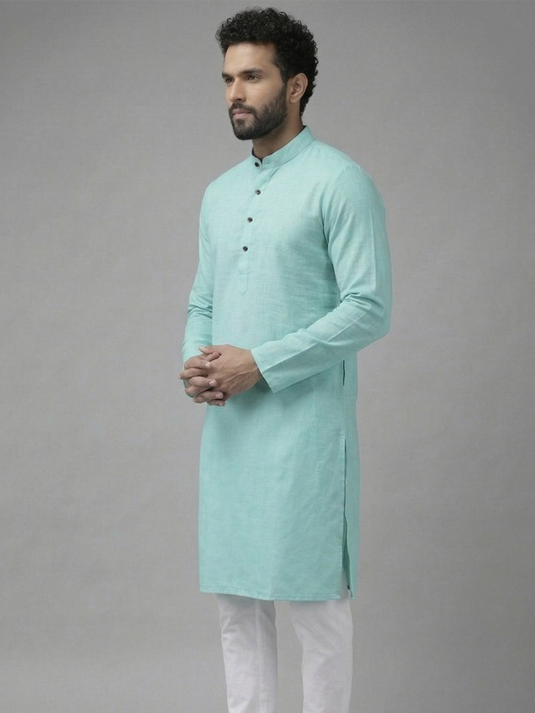 RAY LIGHT Men's Classic Solid Cotton Long Kurta – Dark Green with Dual Side Pockets