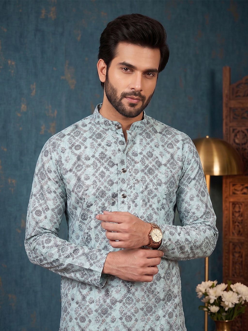 RAY LIGHT Men's Premium Crochet Fabric Geometric Long Kurta – Aqua Mint