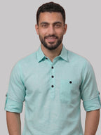RAY LIGHT Men's Essential Solid Cotton Short Kurta – Mint Green with Roll-Up Sleeves
