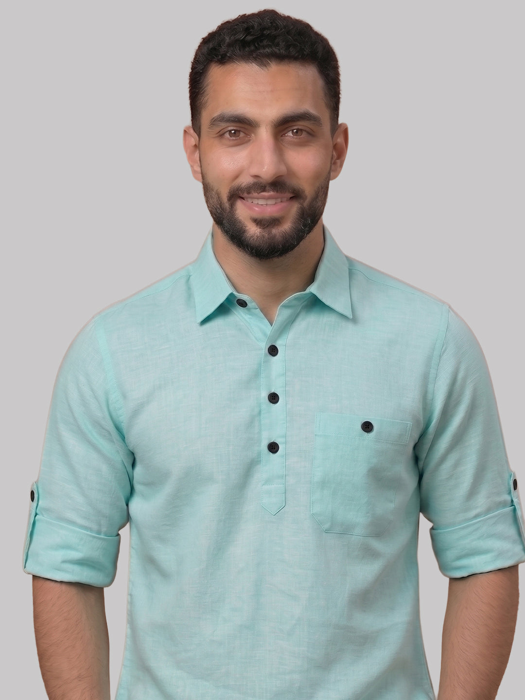 RAY LIGHT Men's Essential Solid Cotton Short Kurta – Mint Green with Roll-Up Sleeves