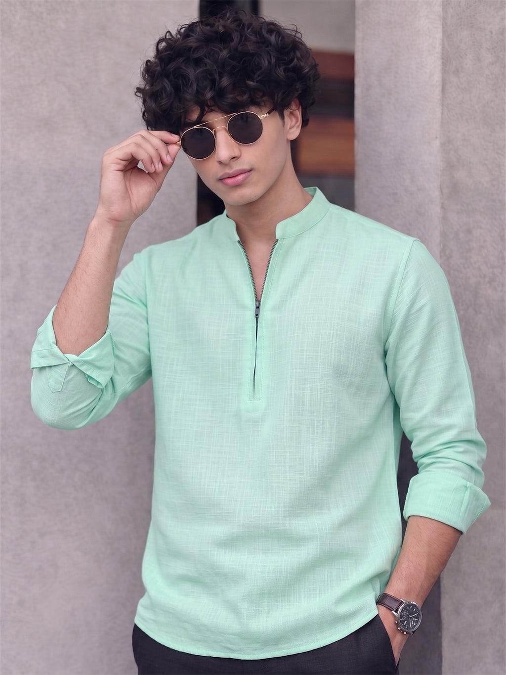 RAY LIGHT Men's Modern Zip-Neck Solid Cotton Short Kurta – Navy Blue