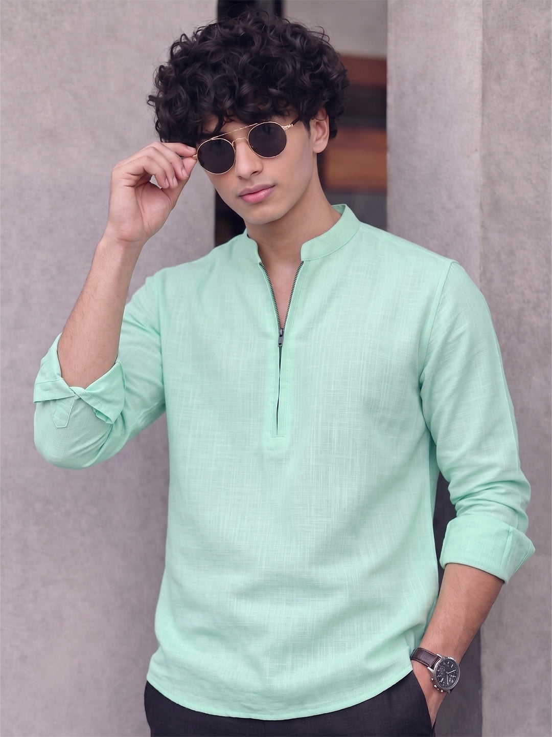 RAY LIGHT Men's Modern Zip-Neck Solid Cotton Short Kurta – Navy Blue