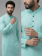 RAY LIGHT Men's Classic Solid Cotton Long Kurta – Dark Green with Dual Side Pockets