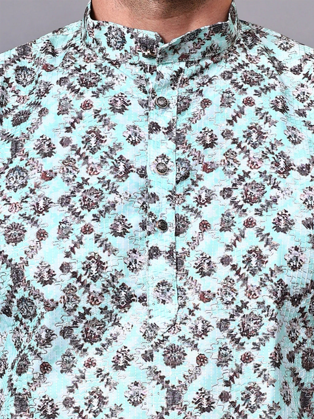 RAY LIGHT Men's Premium Crochet Fabric Geometric Long Kurta – Aqua Mint