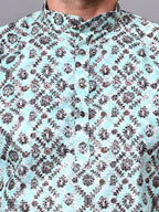 RAY LIGHT Men's Premium Crochet Fabric Geometric Long Kurta – Aqua Mint