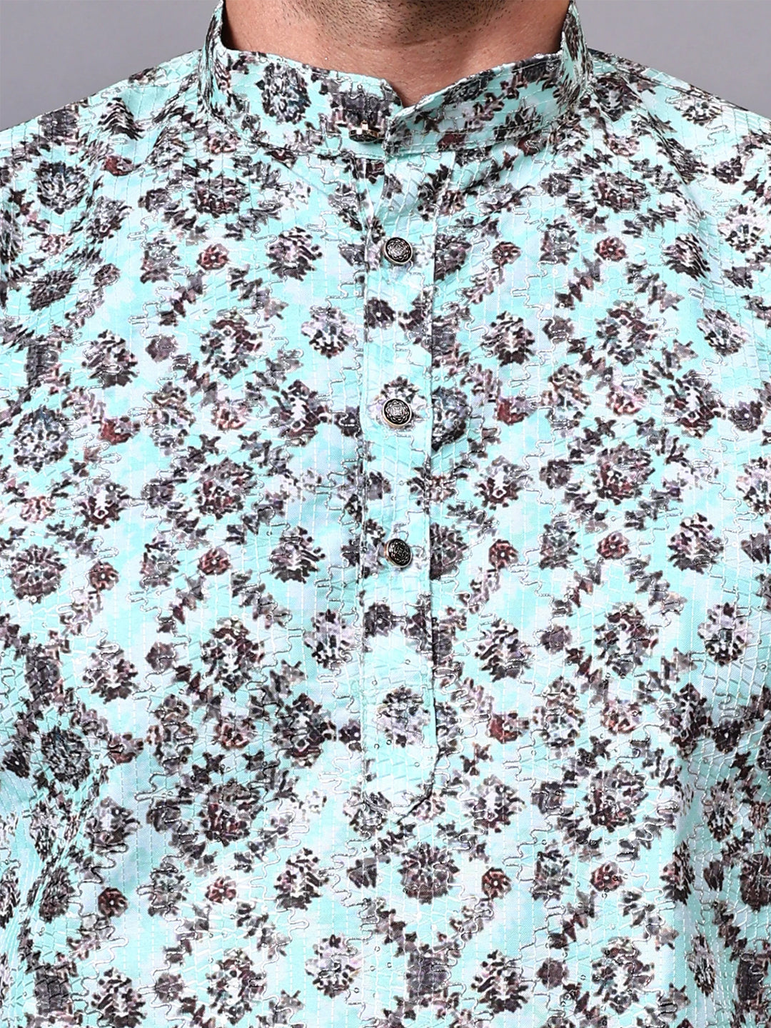RAY LIGHT Men's Premium Crochet Fabric Geometric Long Kurta – Aqua Mint