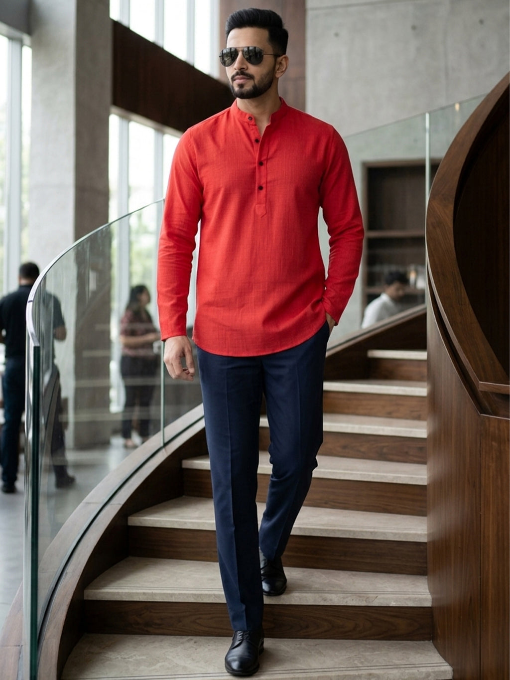 RAY LIGHT Men's Essential Solid Cotton Short Kurta – Soft Peach Orange with Cuffless Sleeves