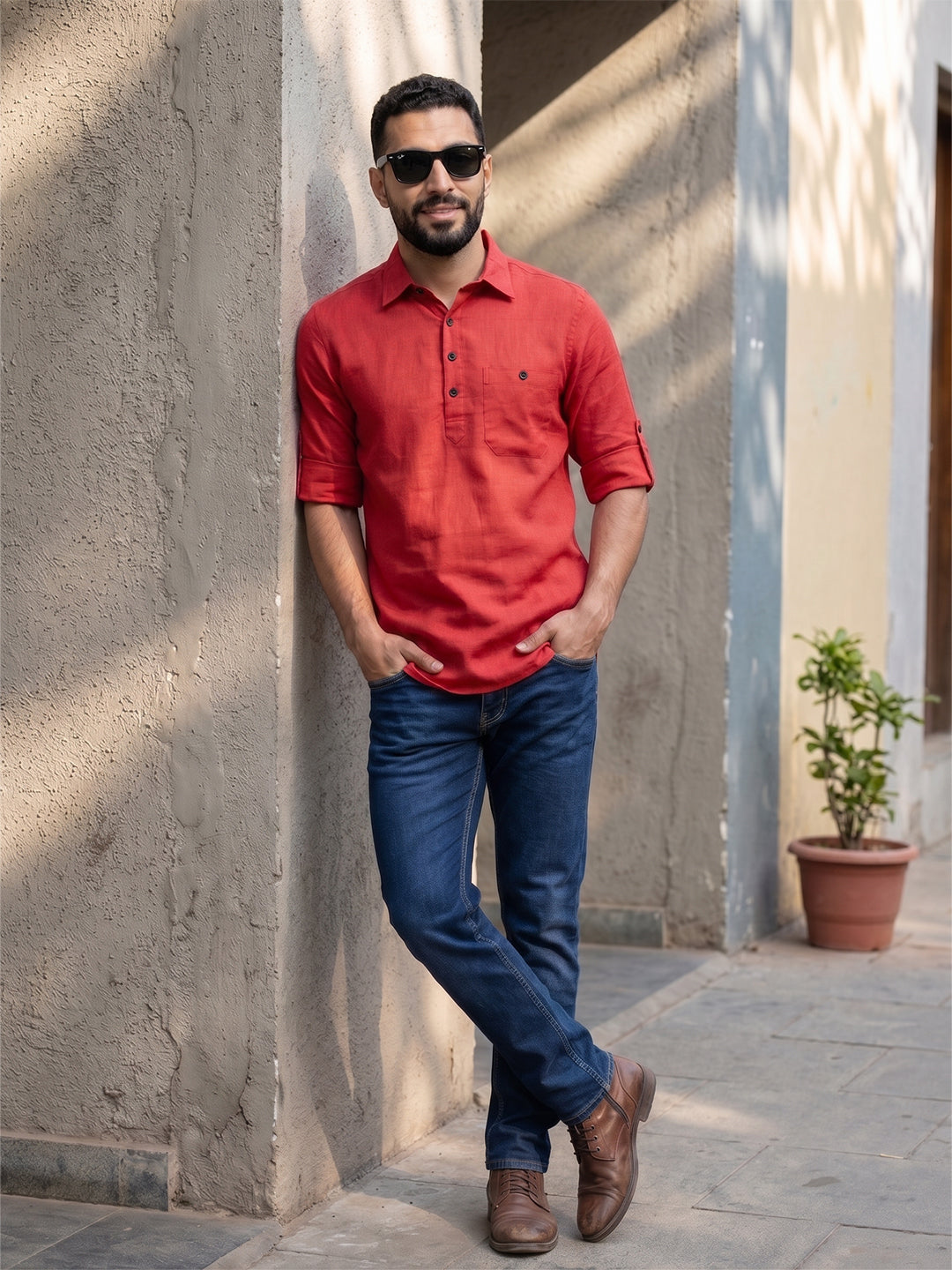 RAY LIGHT Men's Essential Solid Cotton Short Kurta – Mint Green with Roll-Up Sleeves