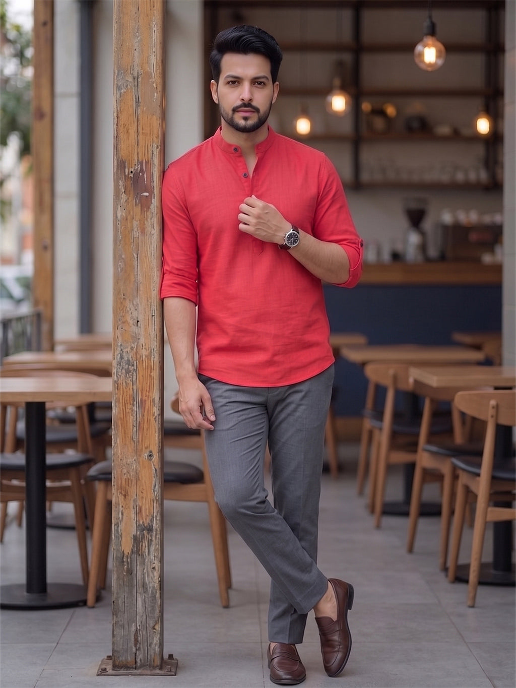 RAY LIGHT Men's Urban Fusion 100% Cotton Solid Short Kurta – Mandarin Collar with Roll-Up Sleeves