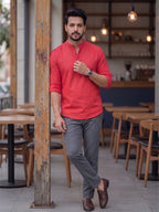 RAY LIGHT Men's Urban Fusion 100% Cotton Solid Short Kurta – Mandarin Collar with Roll-Up Sleeves