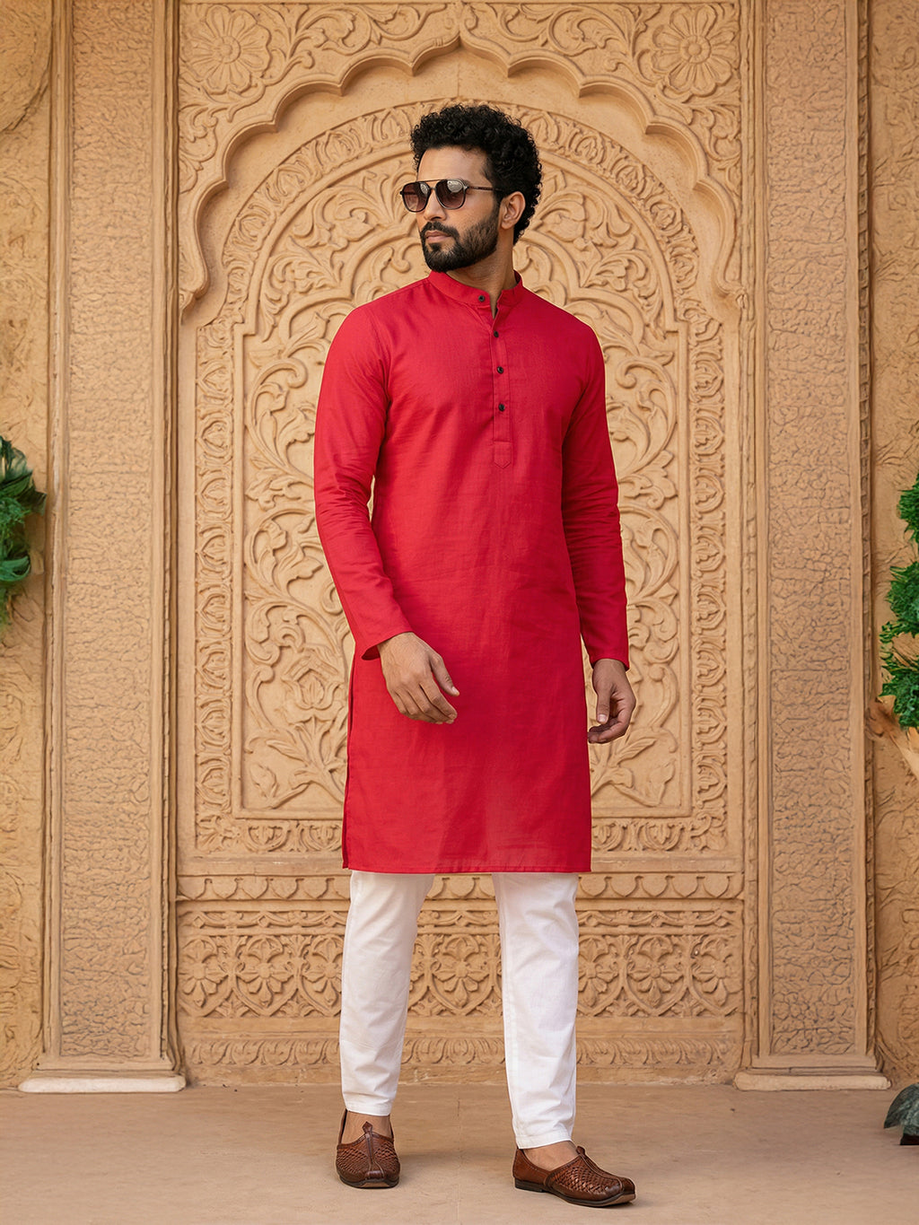 RAY LIGHT Men's Classic Solid Cotton Long Kurta – Dark Green with Dual Side Pockets