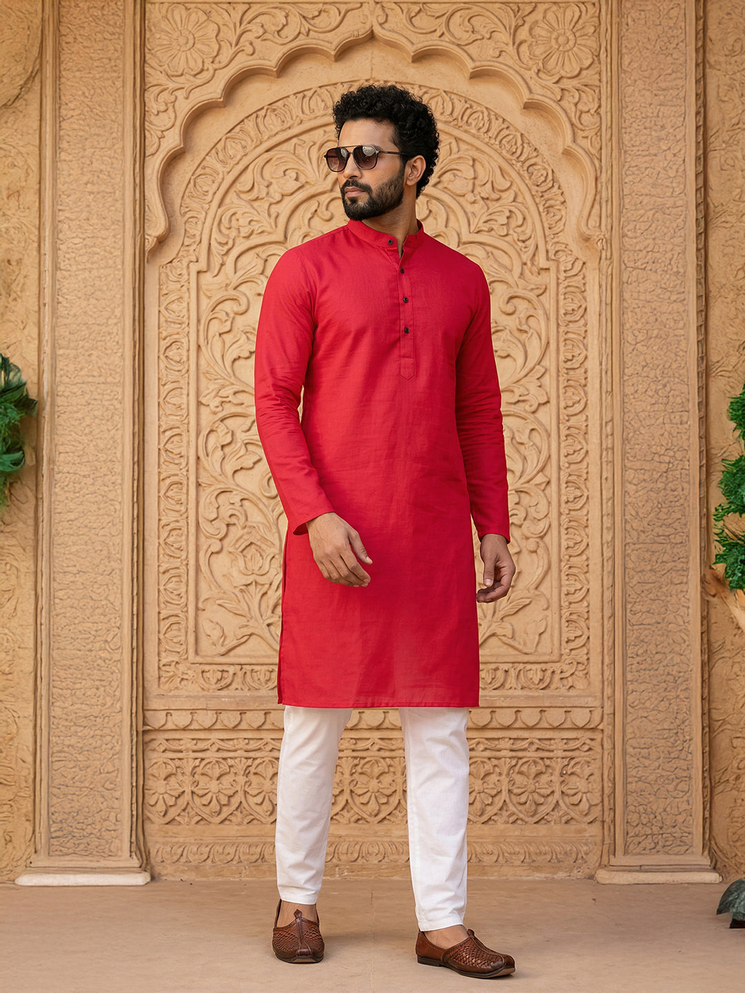 RAY LIGHT Men's Classic Solid Cotton Long Kurta – Dark Green with Dual Side Pockets