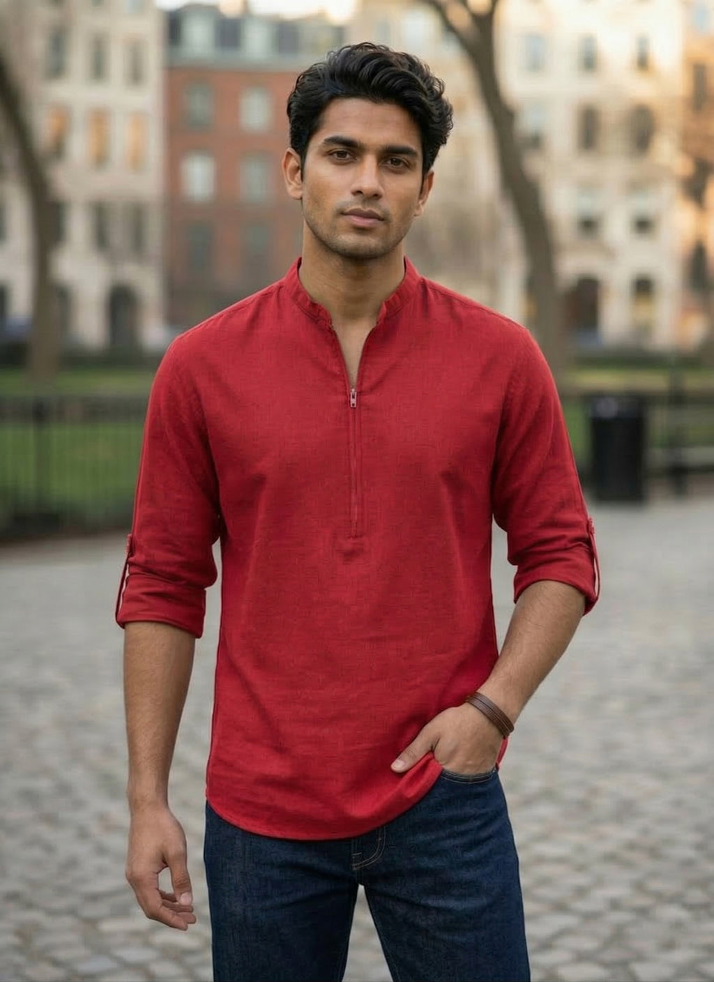 RAY LIGHT Men’s Light Orange Relaxed Cotton Zipper Kurta