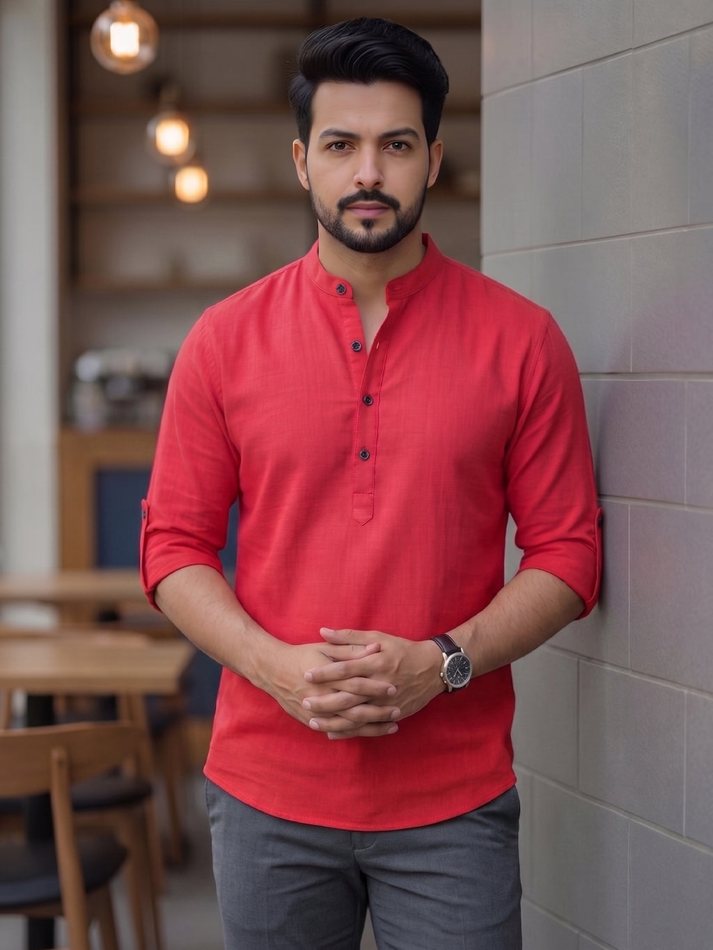 RAY LIGHT Men's Urban Fusion 100% Cotton Solid Short Kurta – Mandarin Collar with Roll-Up Sleeves