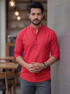 RAY LIGHT Men's Urban Fusion 100% Cotton Solid Short Kurta – Mandarin Collar with Roll-Up Sleeves