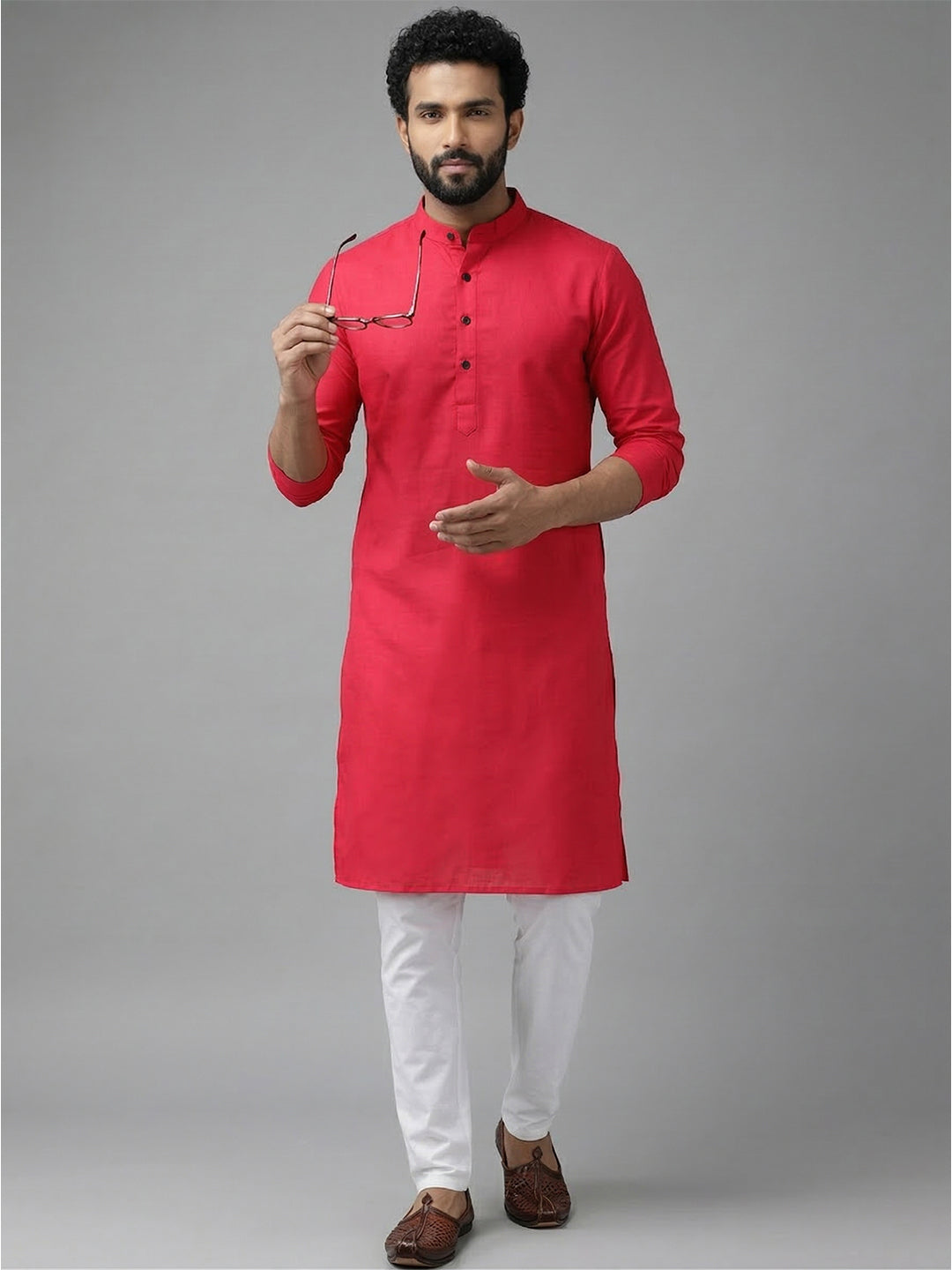 RAY LIGHT Men's Classic Solid Cotton Long Kurta – Dark Green with Dual Side Pockets