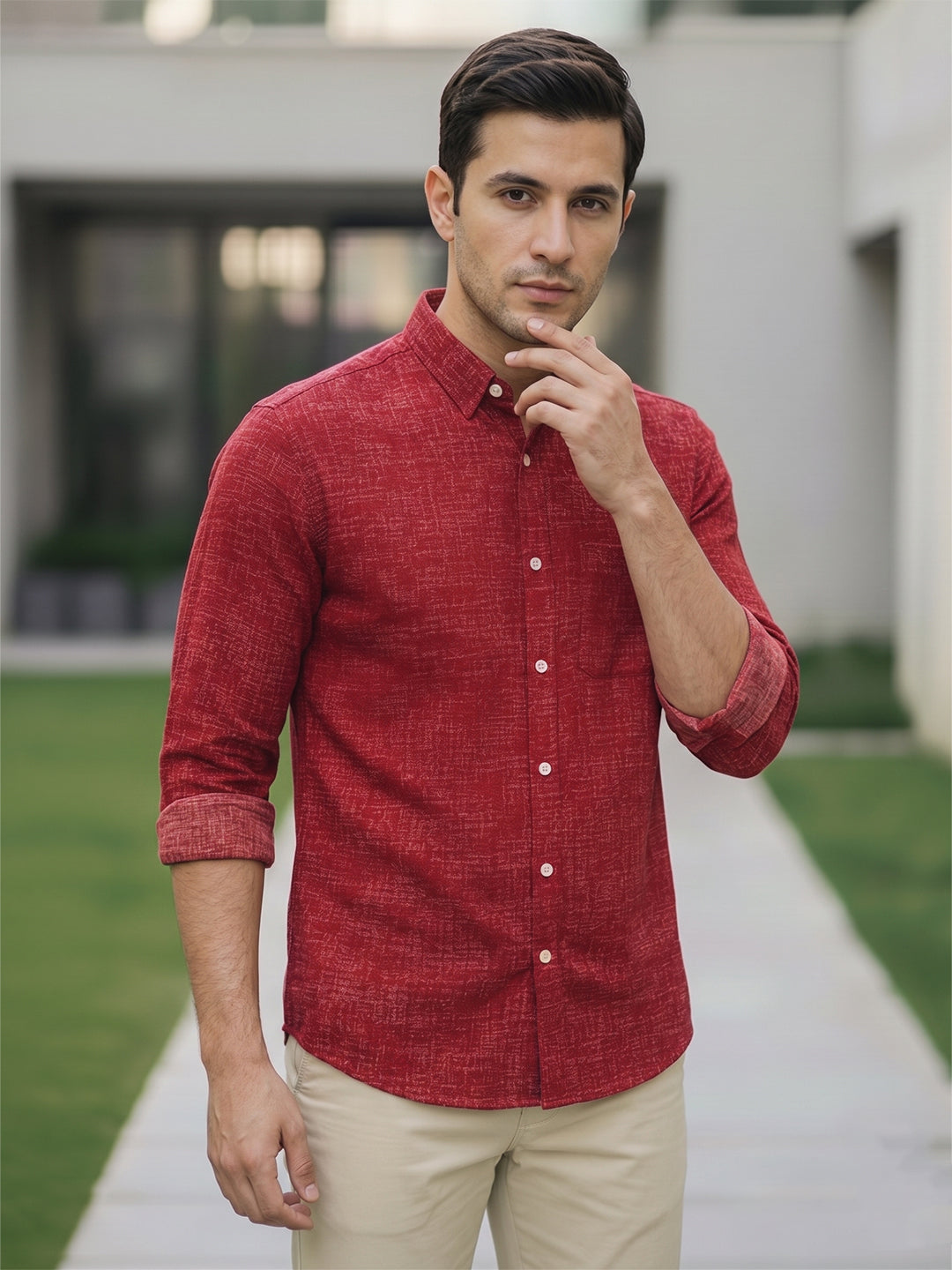 RAY LIGHT Men's Textured Print Poplin Casual Shirt – Dark Green