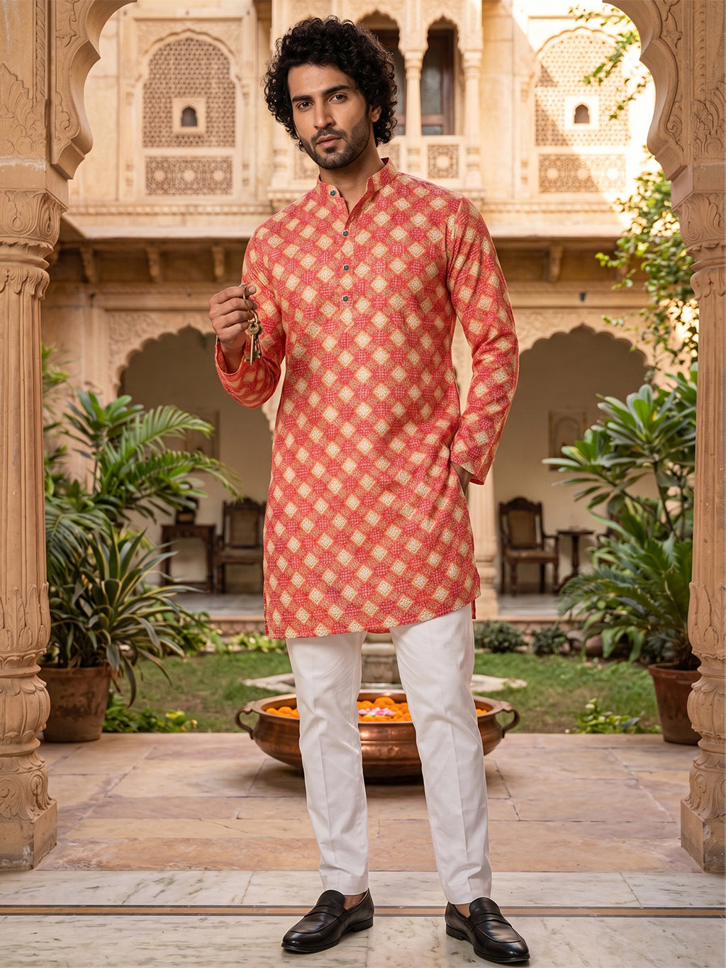 RAY LIGHT Men's Premium Crochet Fabric Geometric Long Kurta – Light Orange