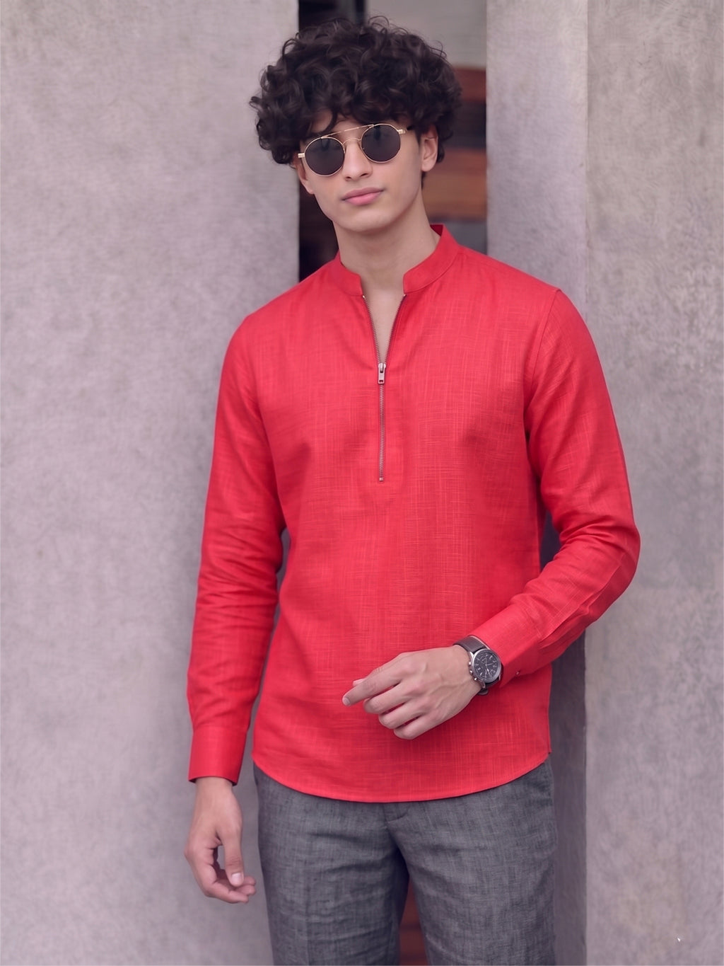 RAY LIGHT Men's Modern Zip-Neck Solid Cotton Short Kurta – Navy Blue