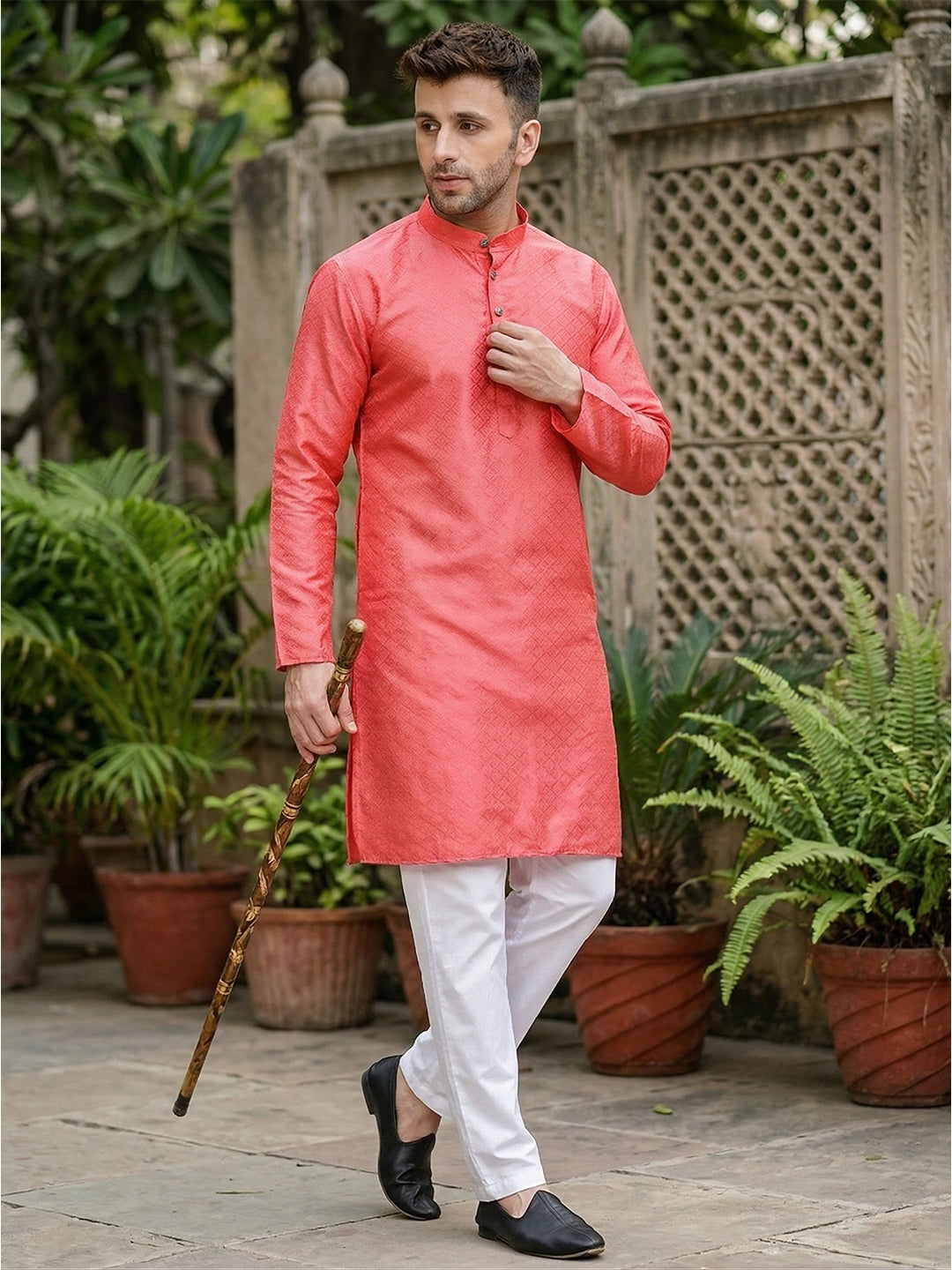 RAY LIGHT Men's Royal Jacquard Geometric Long Kurta – Deep Maroon