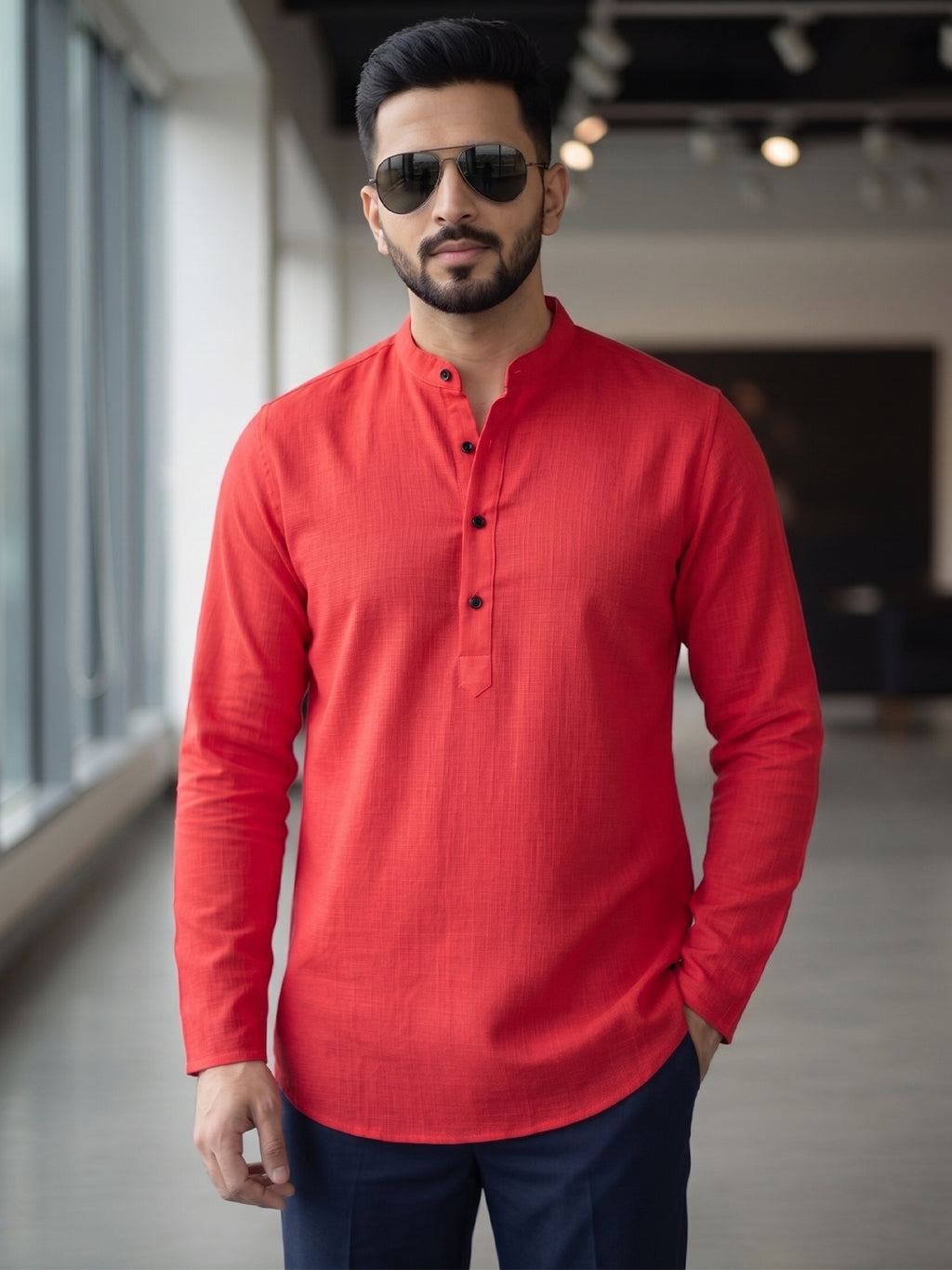 RAY LIGHT Men's Essential Solid Cotton Short Kurta – Soft Peach Orange with Cuffless Sleeves