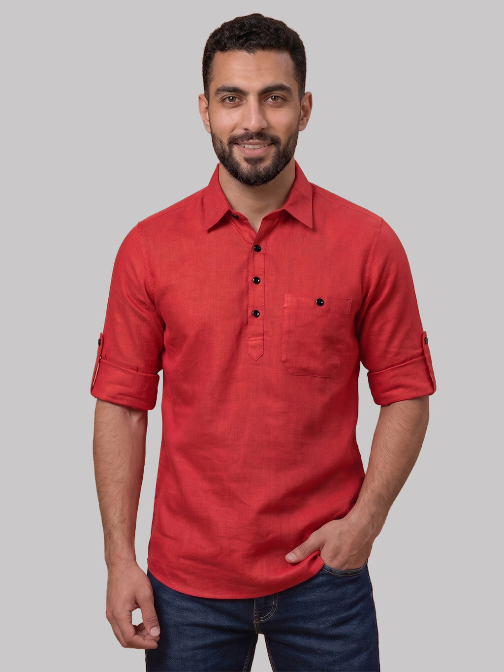 RAY LIGHT Men's Essential Solid Cotton Short Kurta – Mint Green with Roll-Up Sleeves