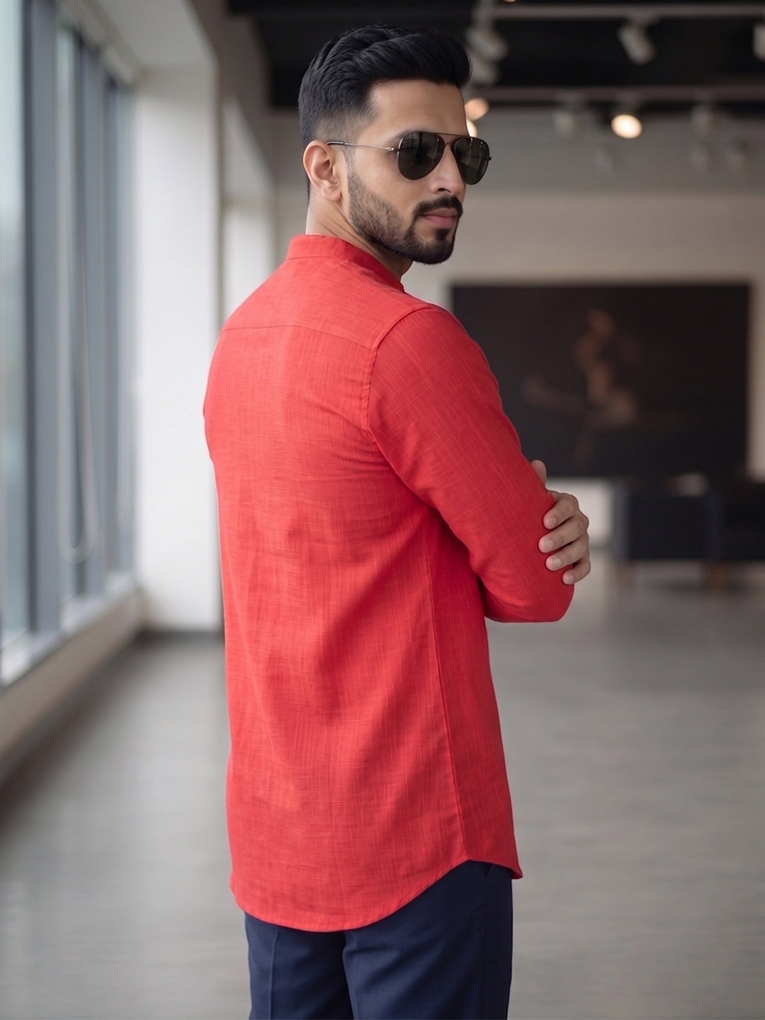 RAY LIGHT Men's Essential Solid Cotton Short Kurta – Soft Peach Orange with Cuffless Sleeves