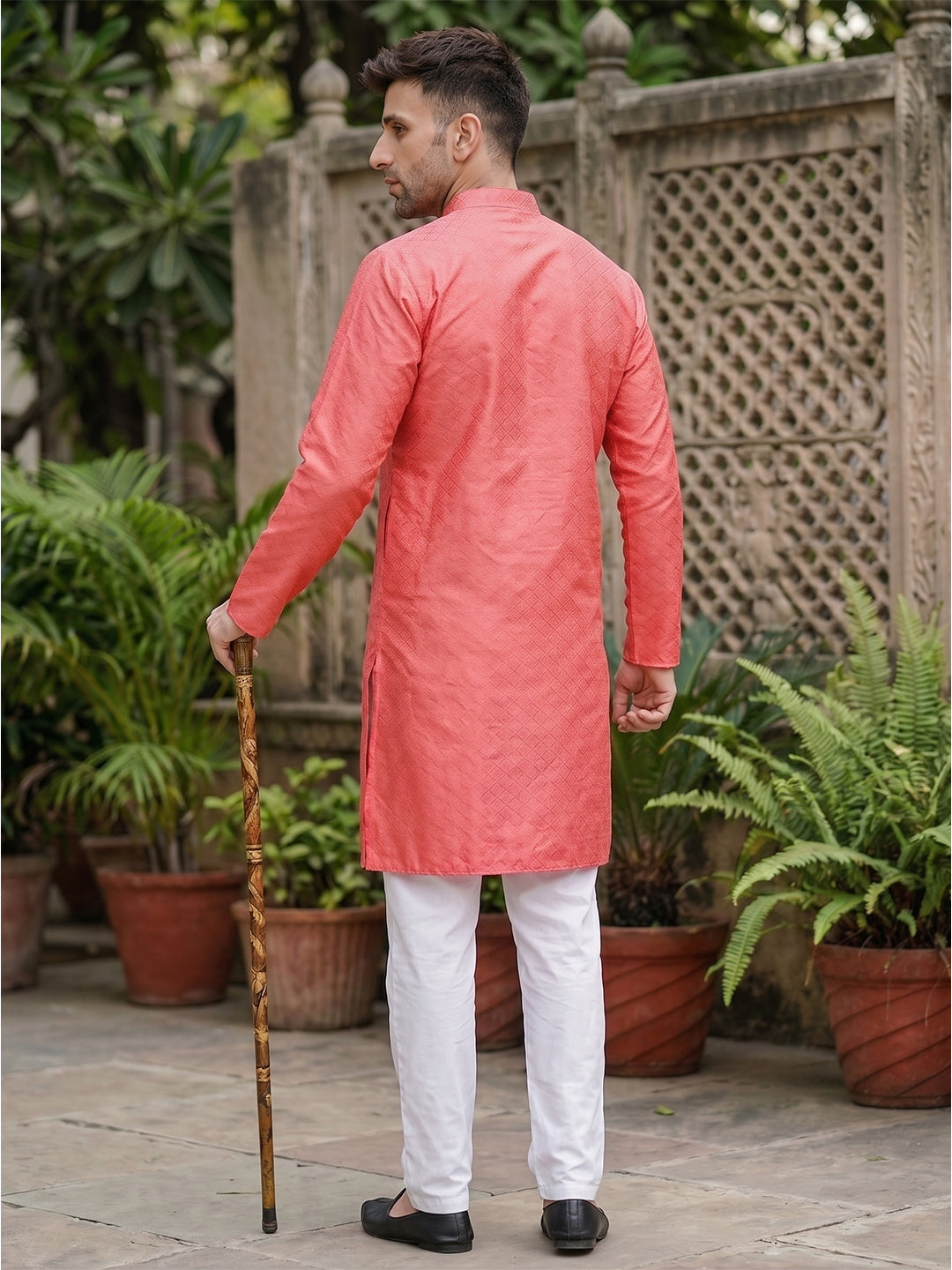 RAY LIGHT Men's Royal Jacquard Geometric Long Kurta – Deep Maroon