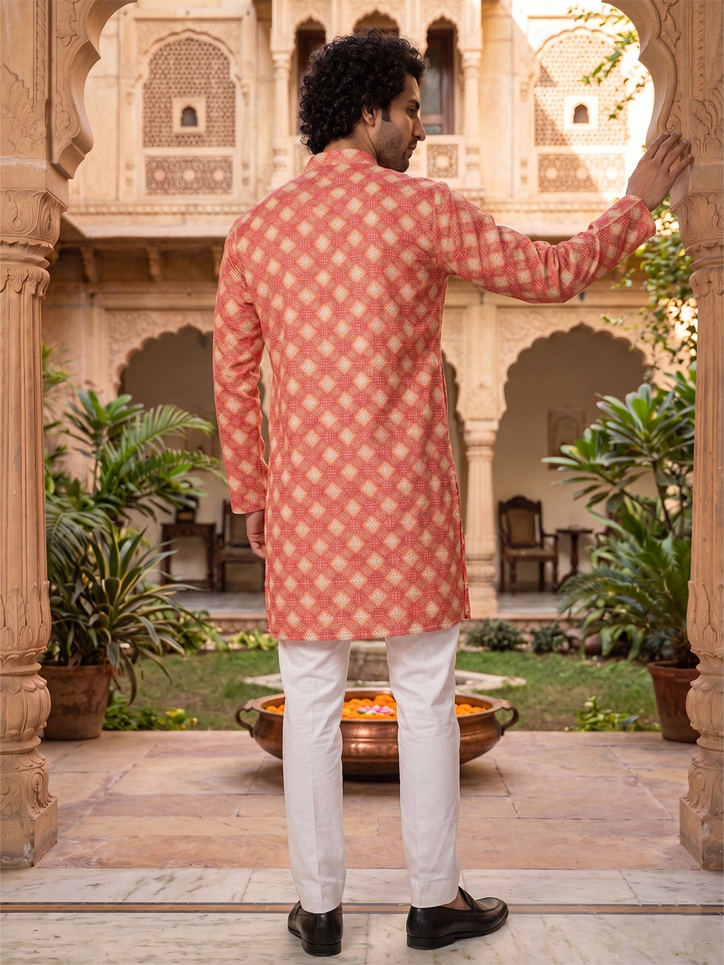 RAY LIGHT Men's Premium Crochet Fabric Geometric Long Kurta – Light Orange