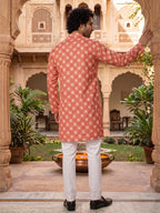 RAY LIGHT Men's Premium Crochet Fabric Geometric Long Kurta – Light Orange