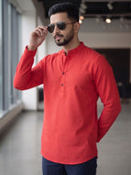 RAY LIGHT Men's Essential Solid Cotton Short Kurta – Soft Peach Orange with Cuffless Sleeves