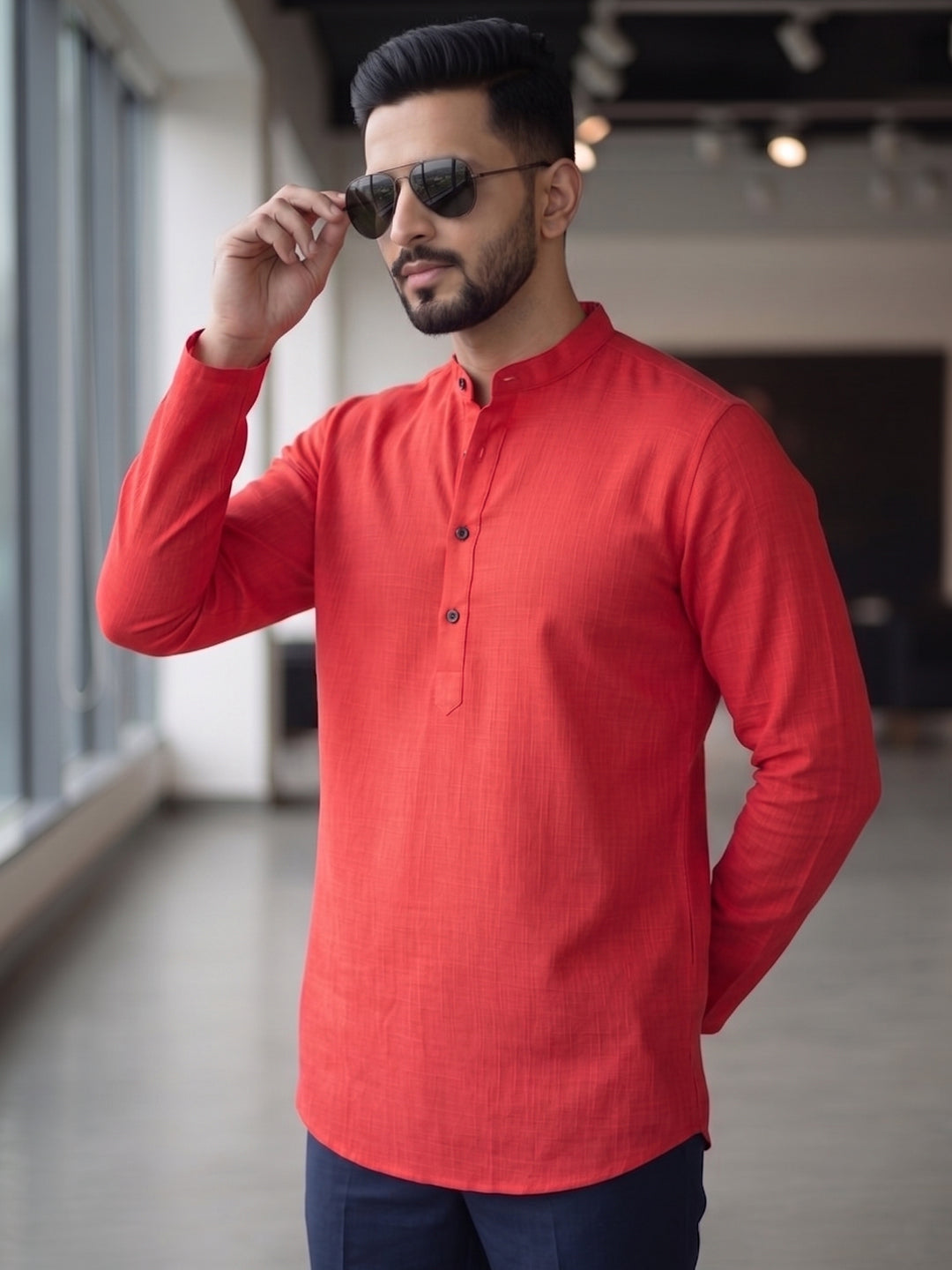 RAY LIGHT Men's Essential Solid Cotton Short Kurta – Soft Peach Orange with Cuffless Sleeves