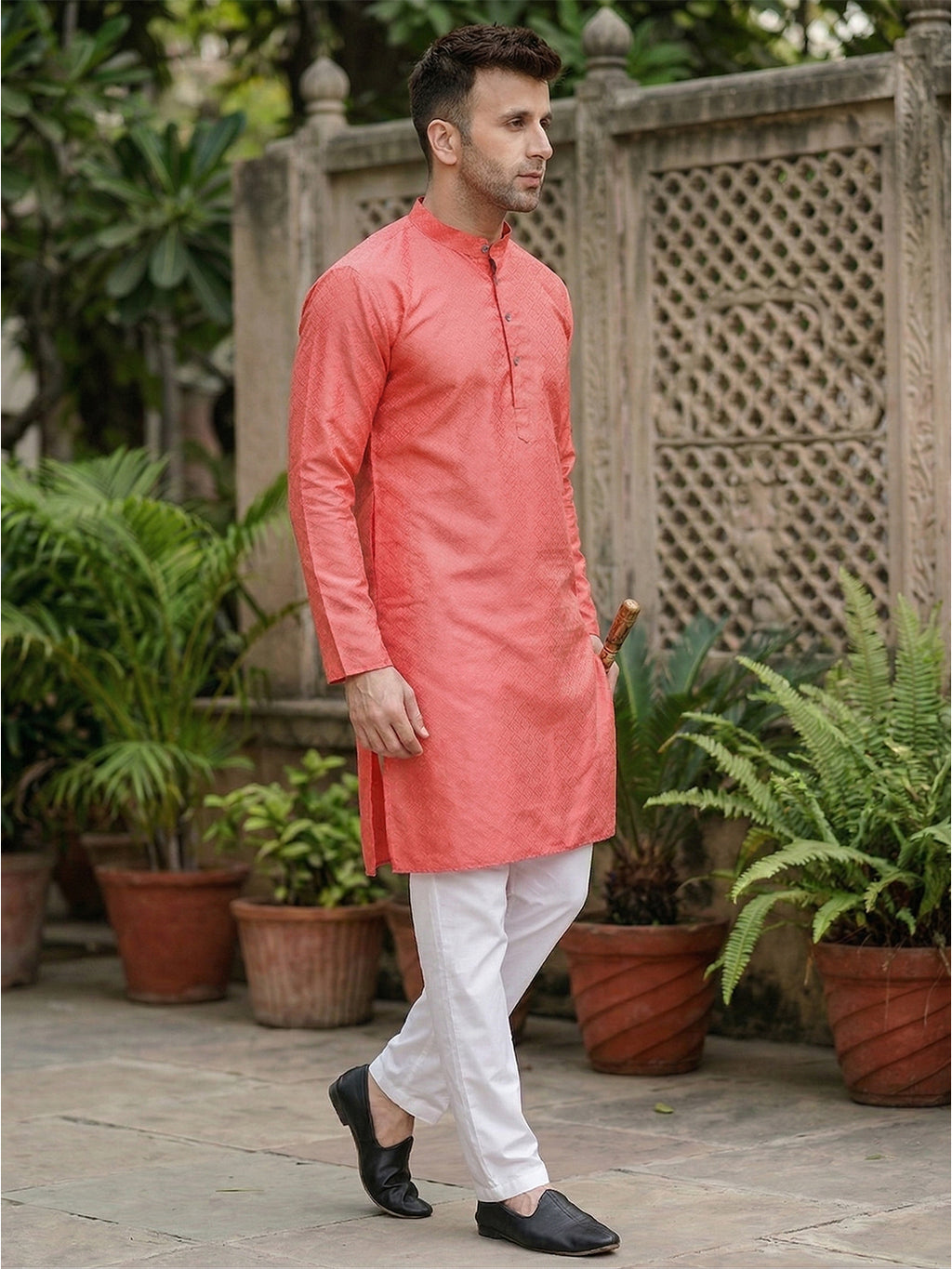 RAY LIGHT Men's Royal Jacquard Geometric Long Kurta – Deep Maroon