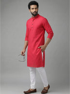 RAY LIGHT Men's Classic Solid Cotton Long Kurta – Dark Green with Dual Side Pockets