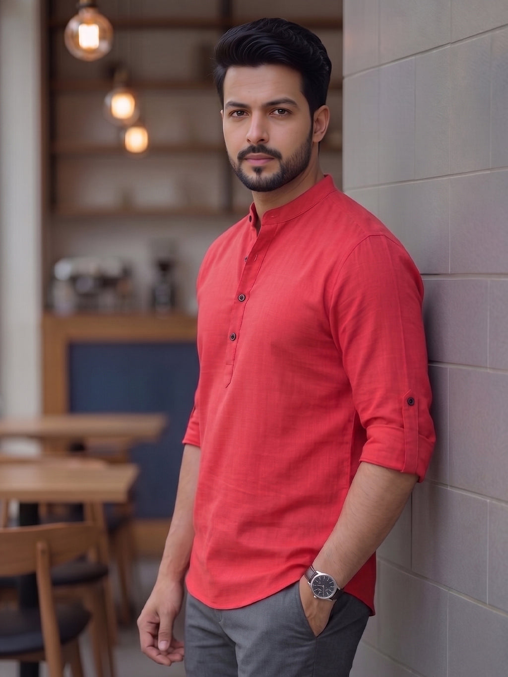 RAY LIGHT Men's Urban Fusion 100% Cotton Solid Short Kurta – Mandarin Collar with Roll-Up Sleeves