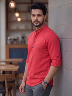 RAY LIGHT Men's Urban Fusion 100% Cotton Solid Short Kurta – Mandarin Collar with Roll-Up Sleeves