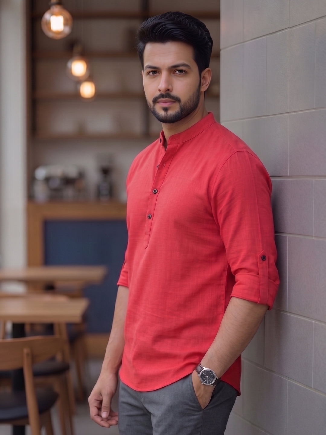 RAY LIGHT Men's Urban Fusion 100% Cotton Solid Short Kurta – Mandarin Collar with Roll-Up Sleeves