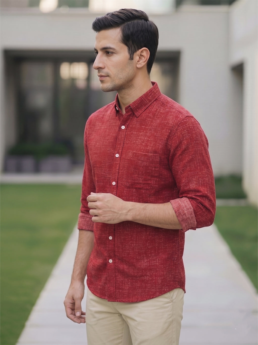 RAY LIGHT Men's Textured Print Poplin Casual Shirt – Dark Green