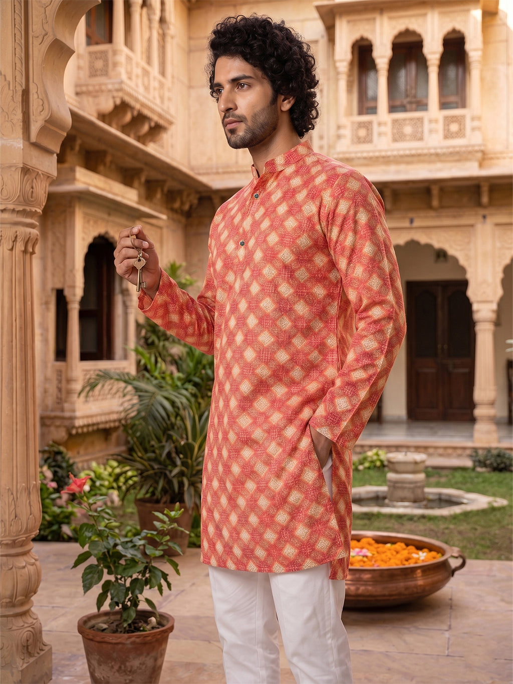 RAY LIGHT Men's Premium Crochet Fabric Geometric Long Kurta – Light Orange